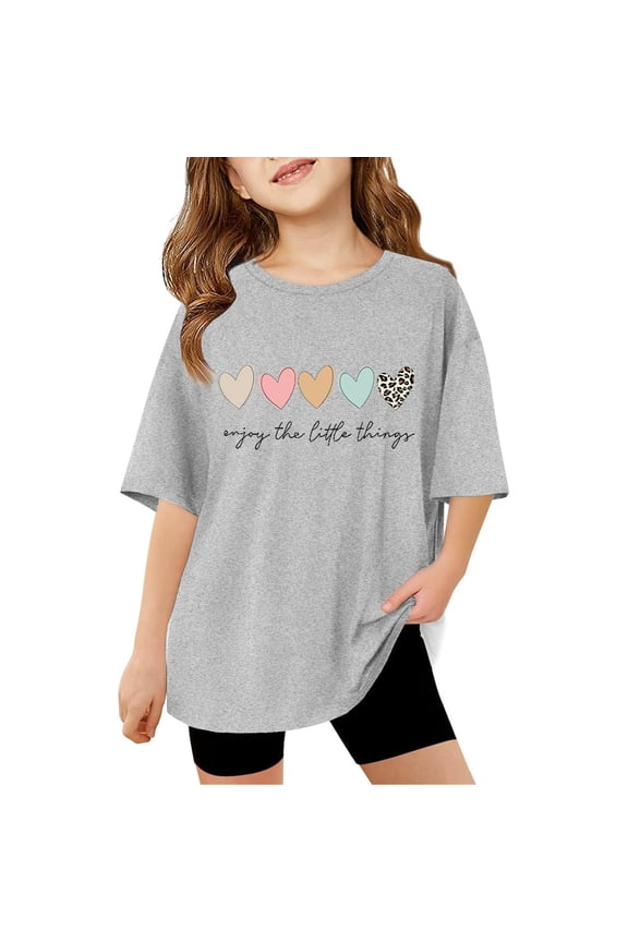 Big Girls T-Shirts Short Sleeve Colorful Heart Enjoy The Little Things Print Crewneck Tshirts Summer Cute Kids Cozy Tops