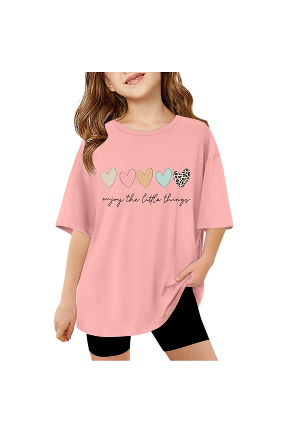 Big Girls T-Shirts Short Sleeve Colorful Heart Enjoy The Little Things Print Crewneck Tshirts Summer Cute Kids Cozy Tops