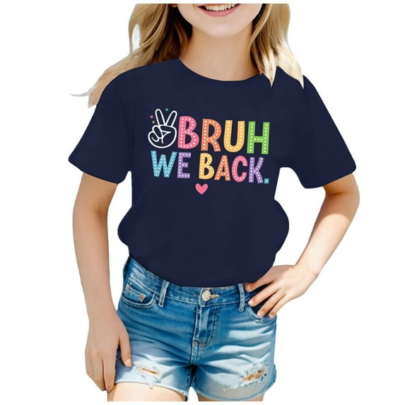 XUELUO Big Girls T-Shirts Short Sleeve Crewneck Colorful "BRUH WE BACK" Letter Tshirts Fashion Playful Summer Daily Kids Tops