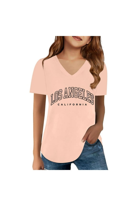 Big Girls T-Shirts Short Sleeved V-Neck "LOS ANGELES" Letter Tee Fashionable Loose Summer Lightweight Daily Kids Tops