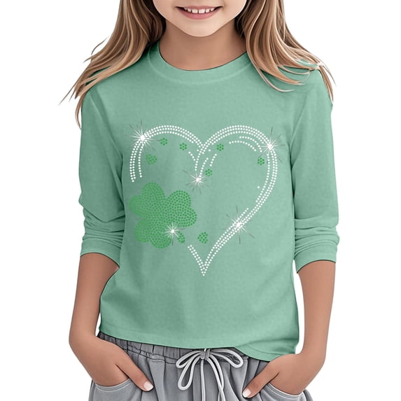XUELUO Big Girls T-Shirts St Patricks Day Heart Print 3/4 Sleeve Tee Tops For Girl Holiday Fashion Party Cozy Lightweight Tops