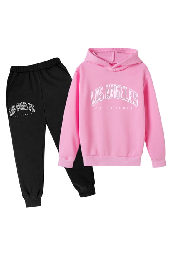 Big Kids 2-Piece Outfit Set Long Sleeve "LOS ANGELES" Letter Print Hoodie + Jogger Pants Spring Sports Loose Tracksuit
