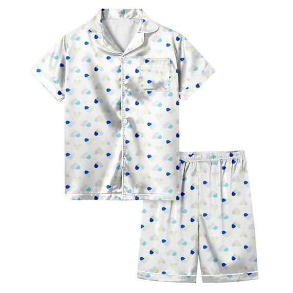 XUELUO Big Kids Outfit Set Short Sleeve Lapel Heart Pattern Top Shorts 2-Piece Sets Breathable Summer Cool Loungewear Sleepwear
