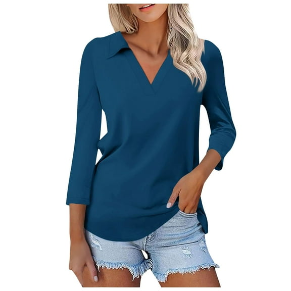 XUELUO Boho Tops For Women Autumn Winter Solid Color V Neck Long Sleeve Dressy Casual Tunic Shirts For Women T-shirts Daily-Wear,Blue,S