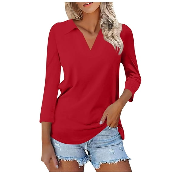 XUELUO Boho Tops For Women Autumn Winter Solid Color V Neck Long Sleeve Dressy Casual Tunic Shirts For Women Tshirts Activewear,Red,M