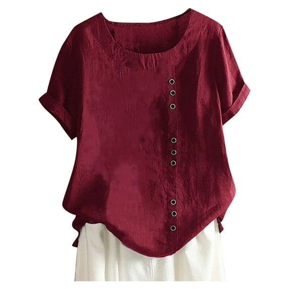 XUELUO Boho Tops For Women Summer Cotton Linen Solid Color Crew Neck Short Sleeve Loose Casual Shirts For Women T Shirts Holiday Wear,Red,M
