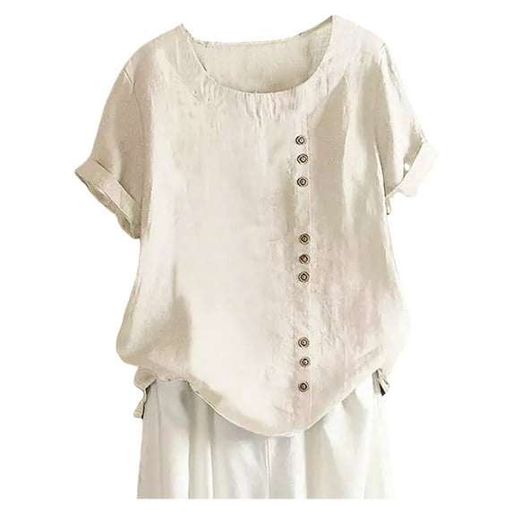XUELUO Boho Tops For Women Summer Cotton Linen Solid Color Crew Neck Short Sleeve Loose Casual Shirts For Women T Shirts Sportswear,Beige,XXL