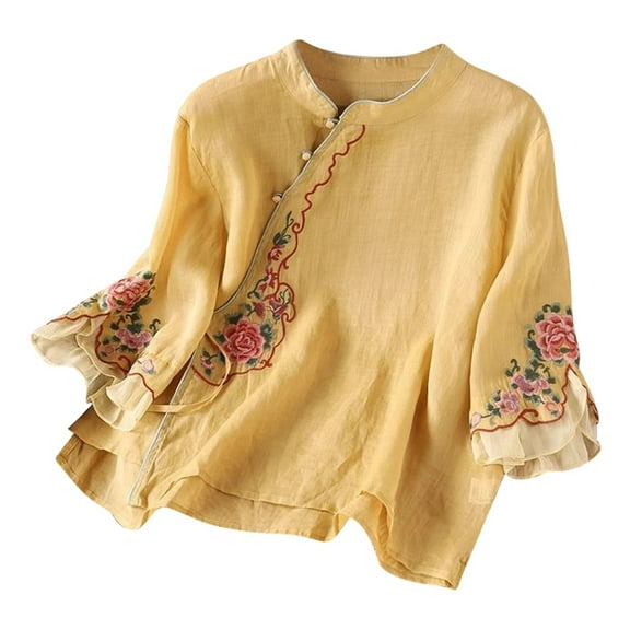 XUELUO Boho Tops For Women Summer Linen Placket Embroidered Disc Buckle Retro Dress Three Quarter Sleeve Shirts For Women T-shirts Daily-WearXXXXL