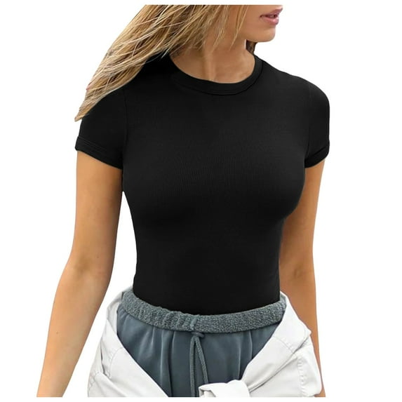 XUELUO Boho Tops For Women Summer Ribbed Solid Color Crew Neck Short Sleeve Elastic Slim Fit Shirts For Women T Shirts Holiday Wear,Black,L
