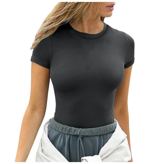 XUELUO Boho Tops For Women Summer Ribbed Solid Color Crew Neck Short Sleeve Elastic Slim Fit Shirts For Women Tshirts Streetwear,Gray,XXL