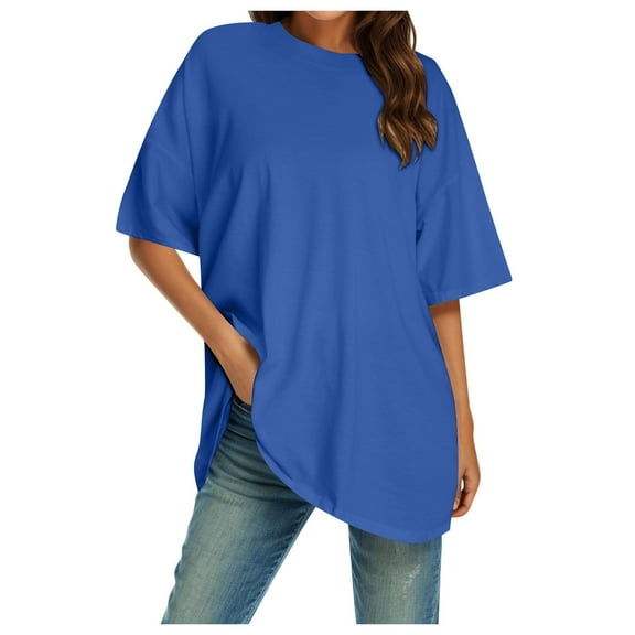 XUELUO Boho Tops For Women Summer Solid Color Crew Neck Short Sleeve Loose Casual Shirts For Women Tshirts Outwear,Blue,XXL