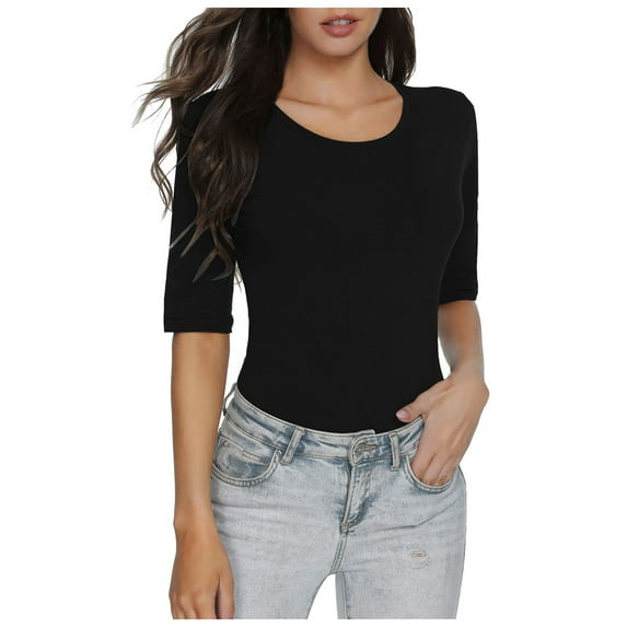 XUELUO Boho Tops For Women Summer Solid Color Crew Neck Short Sleeve Slim Fit Fashion Casual Basic Shirts For Women T-shirts Holiday Wear,Black,XXL