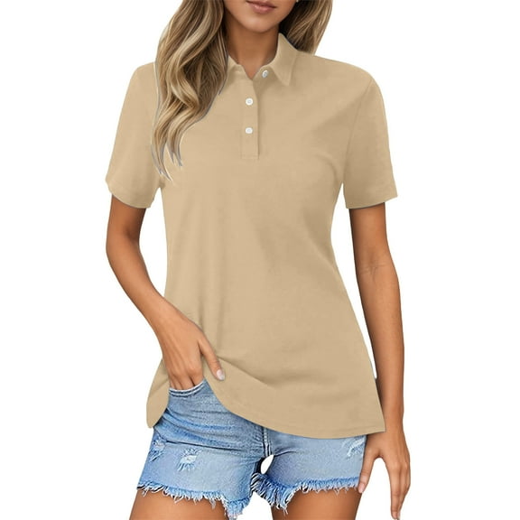 XUELUO Boho Tops For Women Summer Solid Color Lapel Button Down Short Sleeve Slim Fit Casual Shirts For Women Tee Shirts Streetwear,Beige,S