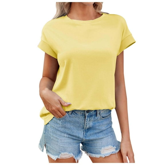 XUELUO Boho Tops For Women Summer Solid Color Round Neck Short Sleeve Loose Fit Casual Elegant Shirts For Women T Shirts Daily-WearS
