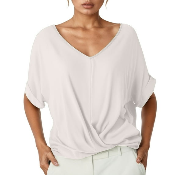 XUELUO Boho Tops For Women Summer Solid Color V Neck Short Sleeve Loose Casual Elegant Shirts For Women Tee Shirts Activewear,White,XXXL