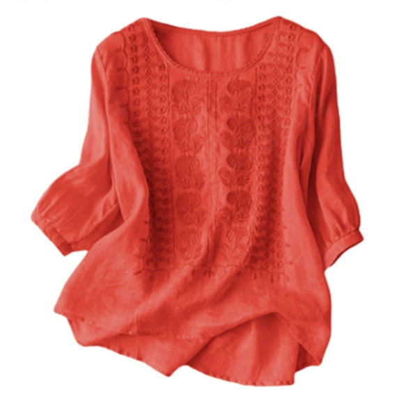 XUELUO Boho Tops For Women Autumn Winter Floral Embroidered Solid Color Crew Neck Long Sleeve Loose Casual Shirts For Women T Shirts Daily-Wear,Orange,XL