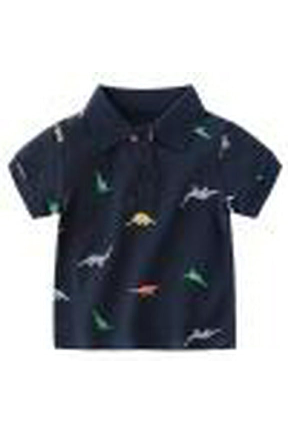 Boys Athletic Shirts Summer Cartoon Dinosaur Print Lapel Button Down Short Sleeve Fashion Casual Tee Shirts Streetwear,Blue,3-4 Years
