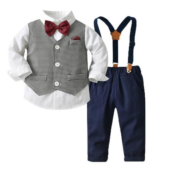 XUELUO Boys Casual Outfit Sets Kids Plaid Print Vest Solid Color Lapel Button Down Bowknot Short Sleeve Shirts Tops And Pants Gentleman Outwear,White,5-6 Years