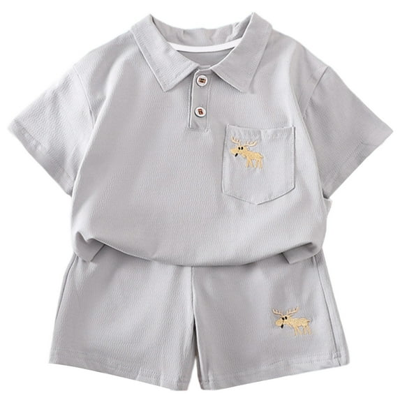 XUELUO Boys Casual Outfit Sets Kids Summer Solid Color Lapel Button Down Short Sleeve Shirts Tops And Shorts Two Piece Streetwear,Gray,6-7 Years