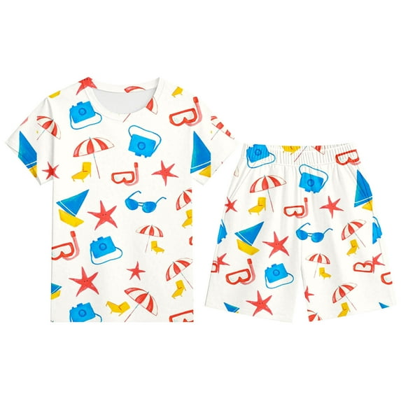 XUELUO Boys Casual Outfit Sets Summer Cartoon Print Round Neck Short Sleeve T Shirts Tops Elastic Waist Shorts Two Piece Activewear,White,10-11 Years