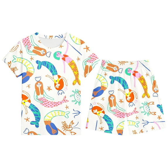 XUELUO Boys Casual Outfit Sets Summer Cartoon Print Round Neck Short Sleeve T Shirts Tops Elastic Waist Shorts Two Piece Streetwear,White,10-11 Years