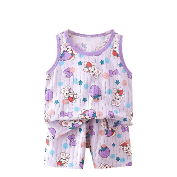 XUELUO Boys Outfit Sets Kids Summer Cartoon Rabbit Print Round Neck Sleeveless Tank Tops Vest With Elastic Waist Shorts Two Piece Casual Sports Daily-Wear,Purple,5-6 Years