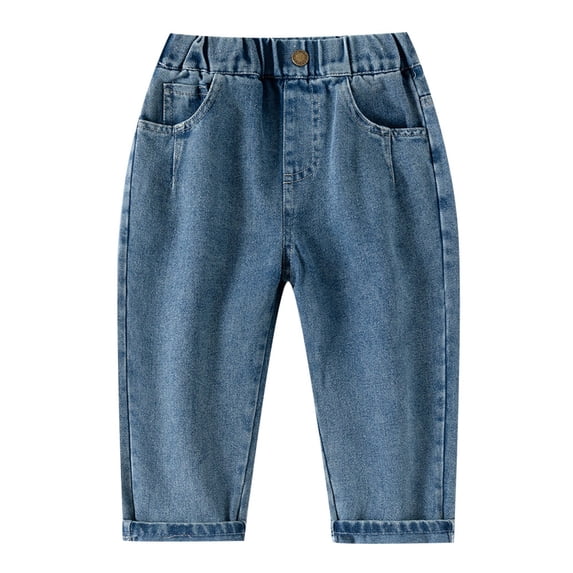 XUELUO Boys Pants Kids Autumn Winter Denim Solid Color Elastic Waist Comfortable Loose Fit Casual Wide Leg Jeans Activewear,Blue,8-10 Years