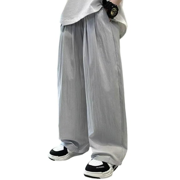 XUELUO Boys Pants Kids Autumn Winter Solid Color Elastic Waist Pockets Wide Leg Loose Casual Trousers Streetwear,Blue,8-9 Years