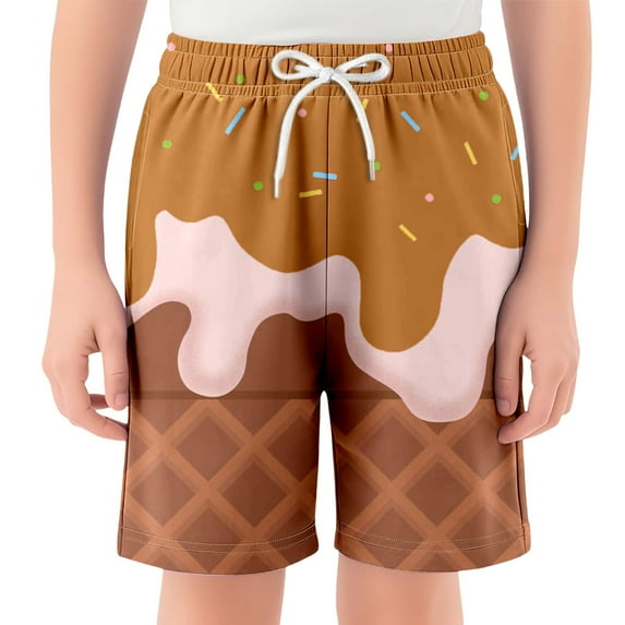 XUELUO Boys Pants Kids Summer Cartoon Ice Cream Print Elastic Waist Drawstring Loose Shorts Streetwear,Gold,5-6 Years