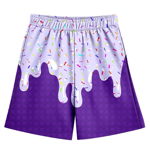 XUELUO Boys Pants Summer Ice Cream Plaid Print Elastic Waist Comfortable Pockets Sports Casual Shorts Trousers Streetwear,Purple,13-14 Years