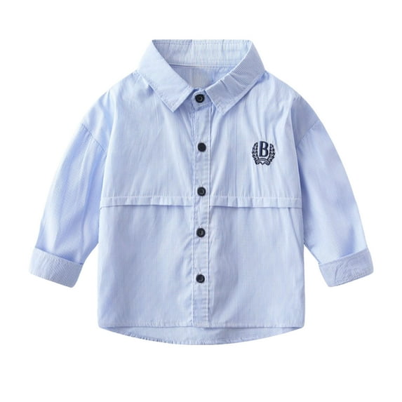 XUELUO Boys Shirts & Tops Kids Autumn Winter Striped Print Letter Embroidery Lapel Button Down Long Sleeve Gentleman Tops T Shirts Daily-Wear,Blue,5-6 Years