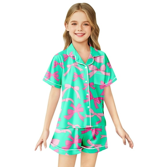 XUELUO Girls Pajama Sets Bowknot Print Lapel Short Sleeve Shirts And Shorts Two Piece Outfit Casual Sportwear,Green,12-13 Years