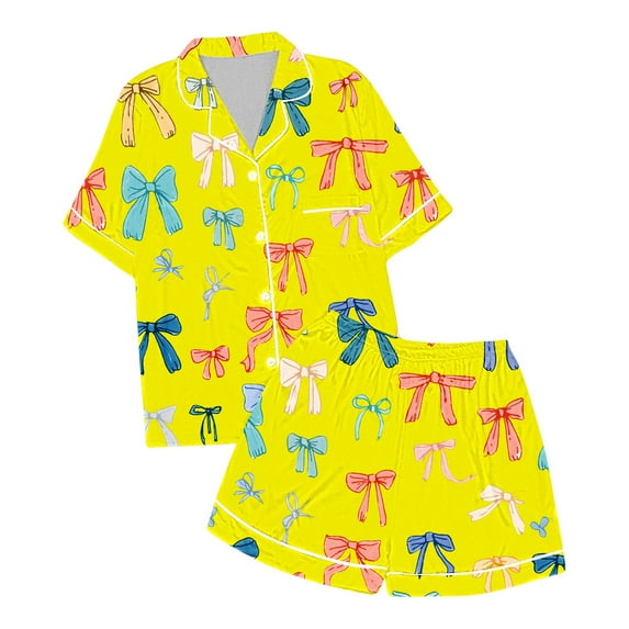 XUELUO Girls Pajama Sets Bowknot Print Lapel Short Sleeve Shirts And Shorts Two Piece Outfit Casual Sportwear,Yellow,12-13 Years