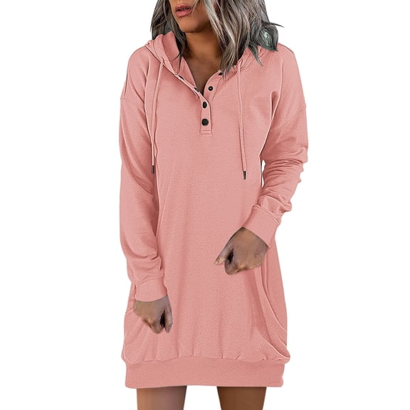 XUELUO Hoodie Dress For Women Solid Color Hooded Drawstring Long Sleeve Sweatshirt Lightweight Summer Dresses With Pockets Daily-Wear,Pink,L