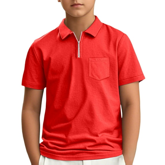 XUELUO Kids Boys Athletic Polo Shirts Summer Solid Color Zipper Lapel Short Sleeve Casual Gentleman Tops T Shirts Sportwear,Red,9-10 Years