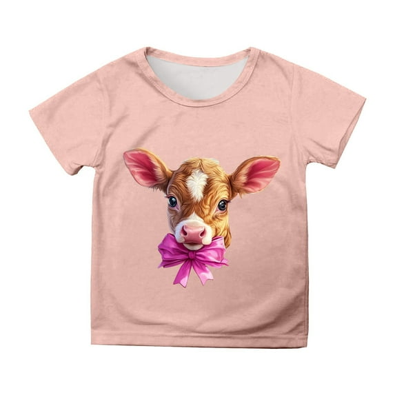 XUELUO Juniors Girls Shirts & Tops Easter Cow Print Round Neck Short Sleeve Casual Pullover Outwear,Pink,10-11 Years