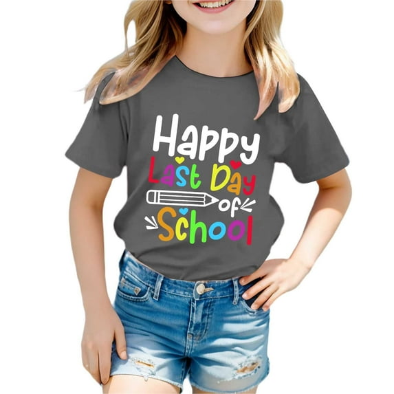 XUELUO Juniors Girls Tops & T-Shirts Summer Back To School Letter Print Round Neck Short Sleeve Loose Casual T Shirts Holiday Wear,Gray,10-11 Years