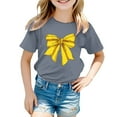 thumbnail image 1 of XUELUO Juniors Girls Tops & T-Shirts Summer Bowknot Print Round Neck Short Sleeve Loose Casual Pullover T Shirts Holiday Wear,Gray,10-11 Years, 1 of 4