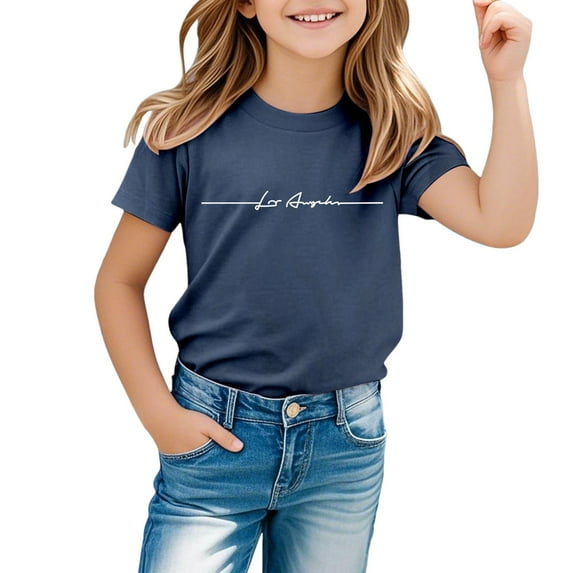 XUELUO Juniors Girls Tops & T-Shirts Summer Letter Print Crew Neck Short Sleeve Loose Casual Tee Shirts Outwear,Blue,12-13 Years