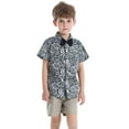 thumbnail image 1 of XUELUO Kids Boys Casual Outfit Sets Summer Leaf Print Lapel Bowtie Short Sleeve T Shirt Tops And Shorts Casual Beach Two Piece Sportwear,Gray,5-6 Years, 1 of 4