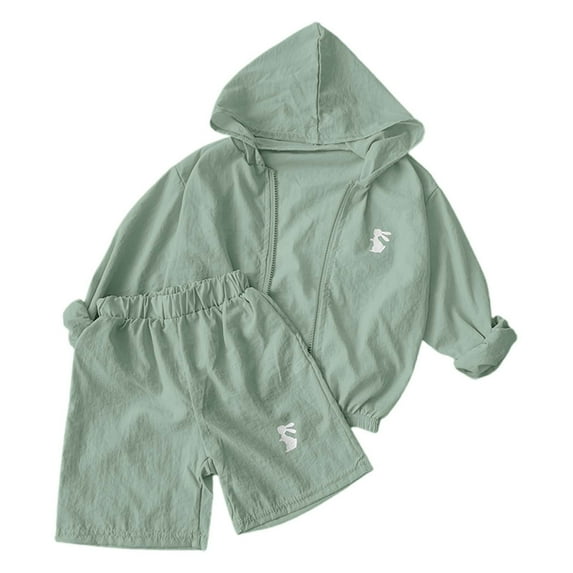 XUELUO Kids Boys Casual Outfit Sets Summer Solid Color Hooded Long Sleeve Tops And Shorts Loose Casual Breathable Outdoor Two Piece Daily-Wear,Green,7-8 Years