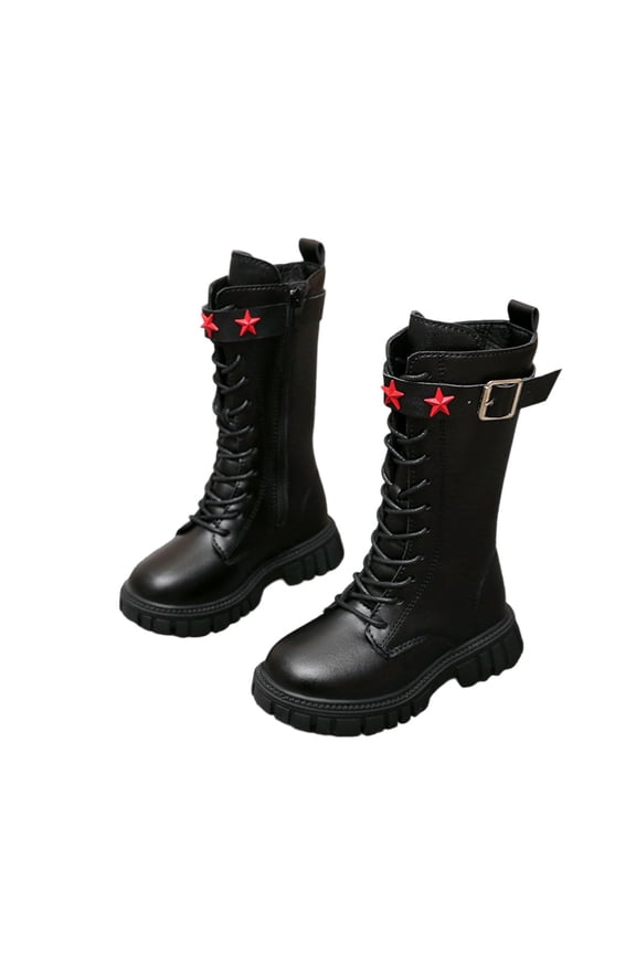 Kids Girls Mid-Calf Boots Star Decorated Side Zipper Belt Buckle Design High Top Boots Spring School Stylish Girl Shoes