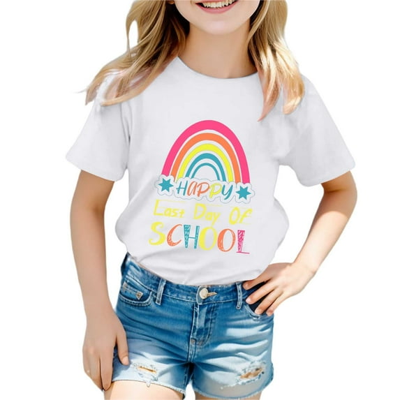 XUELUO Kids Girls Tops & T-Shirts Summer Cartoon Rainbow Print Round Neck Short Sleeve Loose Tshirts Streetwear,White,8-9 Years