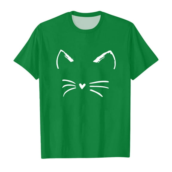 XUELUO Kids Girls Tops & T-Shirts Summer Cute Cat Print Crew Neck Short Sleeve Casual T Shirts Activewear,Green,8-9 Years