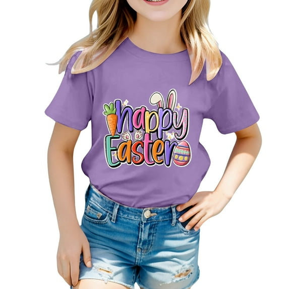 XUELUO Kids Girls Tops & T-Shirts Summer Easter Bunny Print Cute Graphic Round Neck Short Sleeve Casual Tee Shirts Streetwear,,6-7 Years