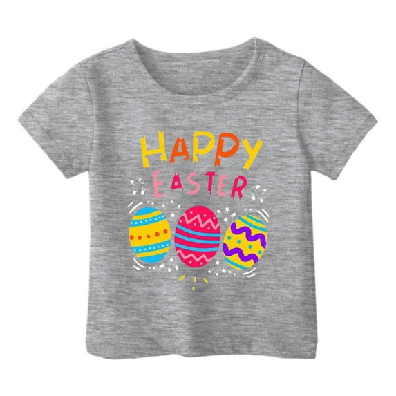 XUELUO Kids Girls Tops & T-Shirts Summer Happy Easter Bunny Print Crew Neck Short Sleeve Loose Tshirts Holiday Wear,Grey,8-9 Years