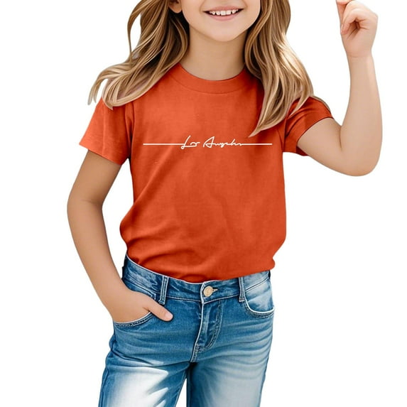 XUELUO Kids Girls Tops & T-Shirts Summer Letter Print Crew Neck Short Sleeve Loose Casual Tee Shirts Activewear,Orange,8-9 Years