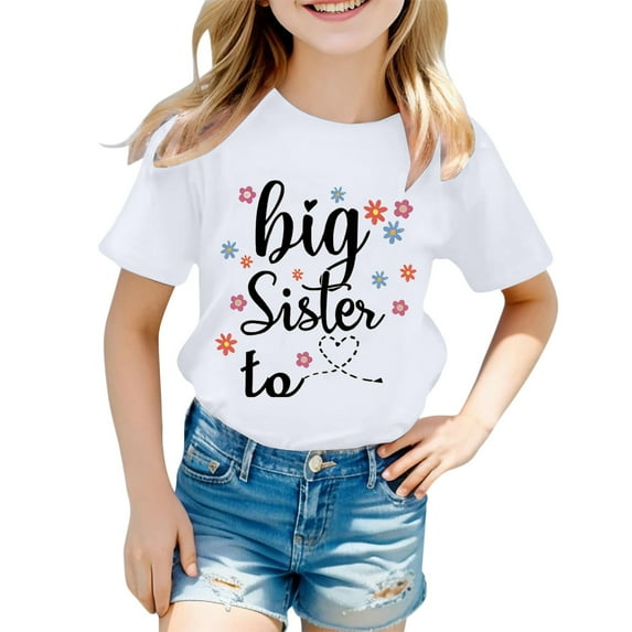 XUELUO Kids Girls Tops & T-Shirts Summer Letter Print Round Neck Short Sleeve Fashion Casual Pullover Tee Shirts Streetwear,White,6-7 Years
