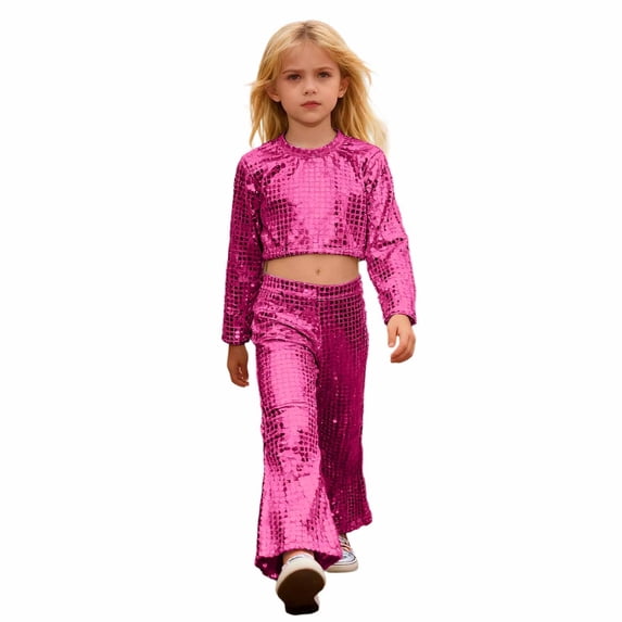 XUELUO Little Boys 2-Pcs Outfit Sets Long Sleeve Round Sequin Tops + Flared Trousers Carnival Stage Performance Stylish Clothes