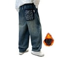 thumbnail image 1 of XUELUO Little Boys Jeans Oversized Word Pattern -Lined Wide-Leg Denim Trousers Warm Comfortable Winter Fashion Kids Pants, 1 of 9